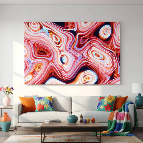 Colorful Red Pink Neon Swirl Wave Glass Wall Art.
