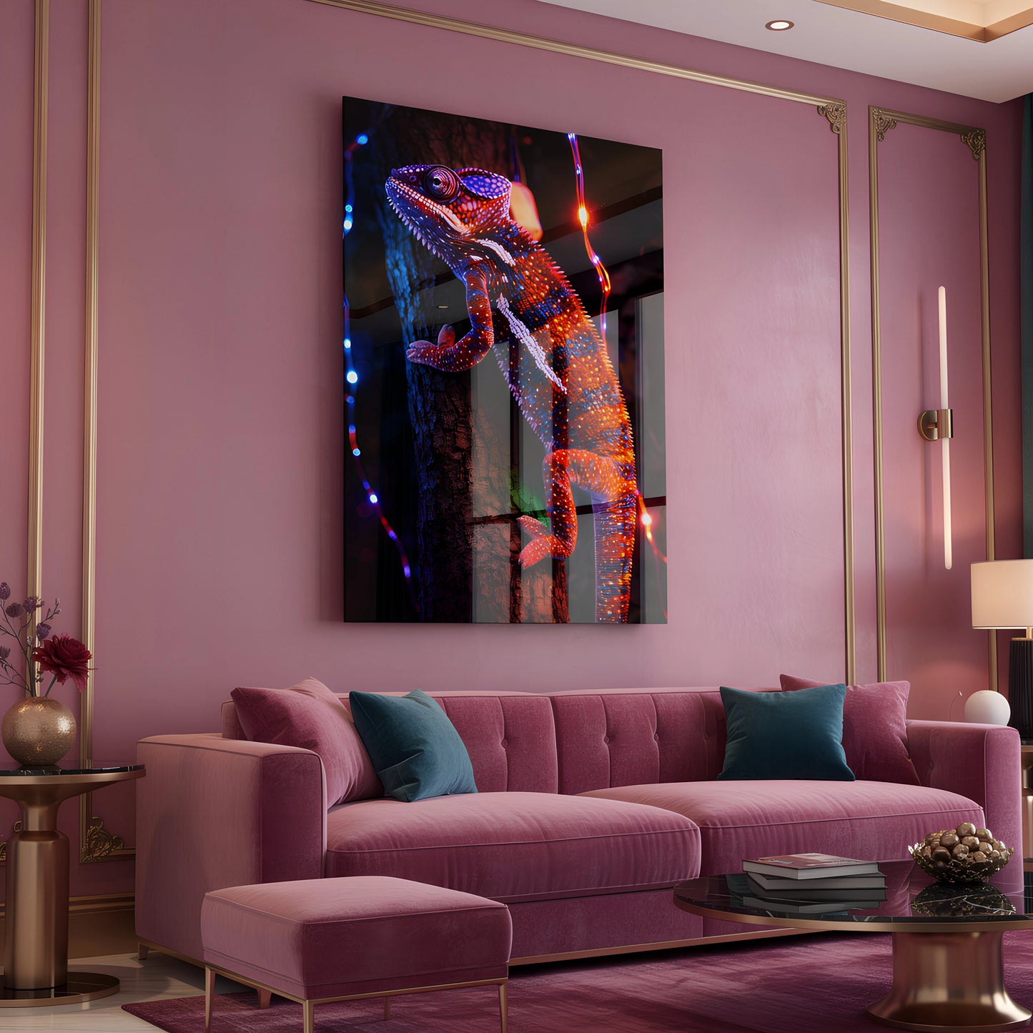 Neon Colorful Chameleon Glass Wall Art