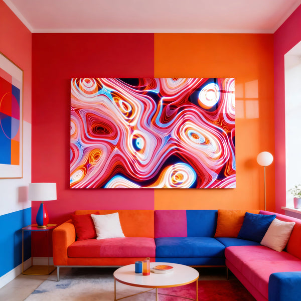 Colorful Red Pink Neon Swirl Wave Glass Wall Art.