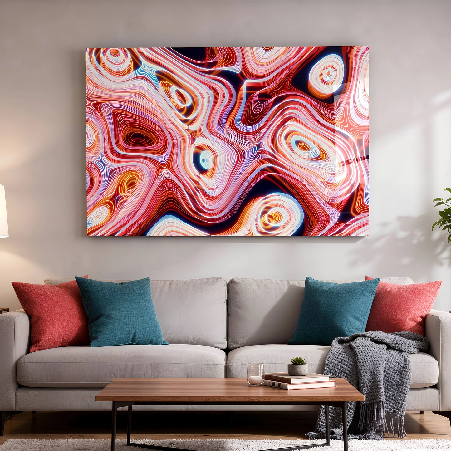 Colorful Red Pink Neon Swirl Wave Glass Wall Art
