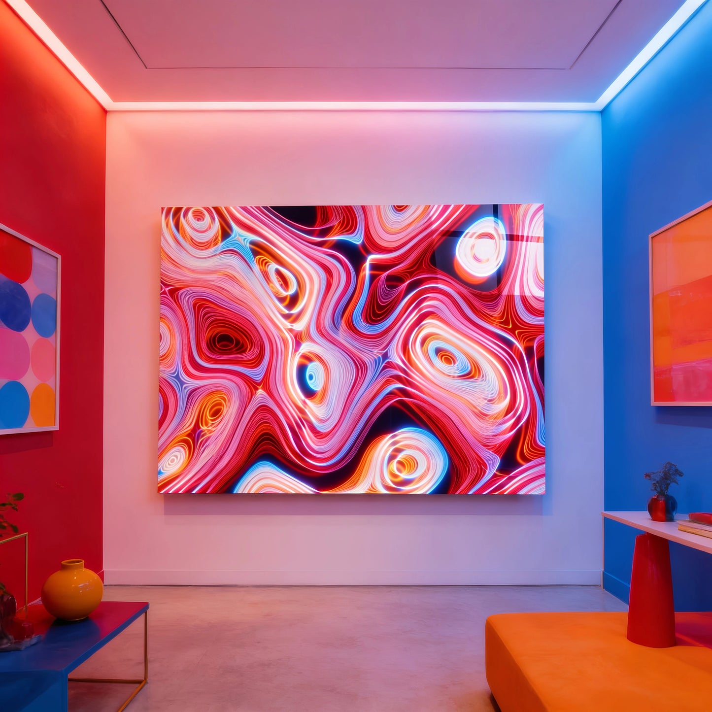 Colorful Red Pink Neon Swirl Wave Glass Wall Art