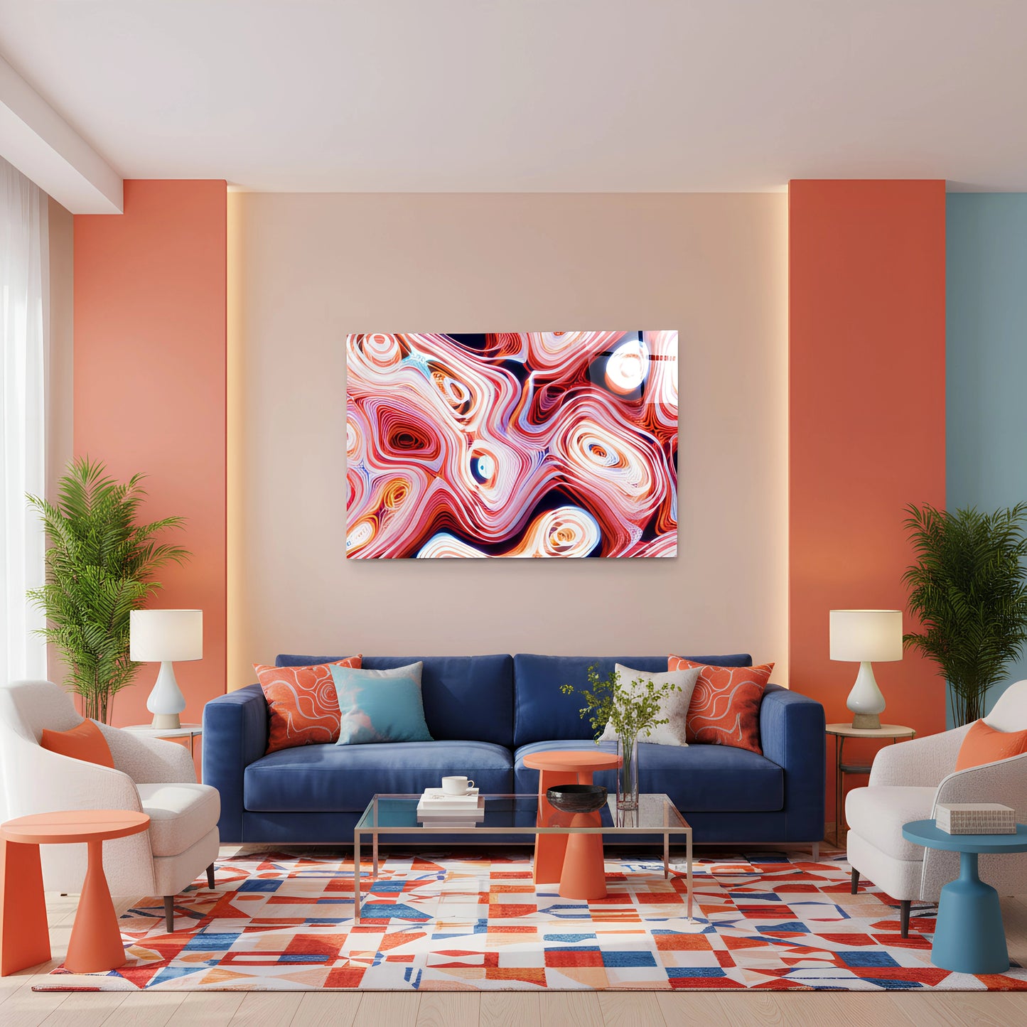 Colorful Red Pink Neon Swirl Wave Glass Wall Art