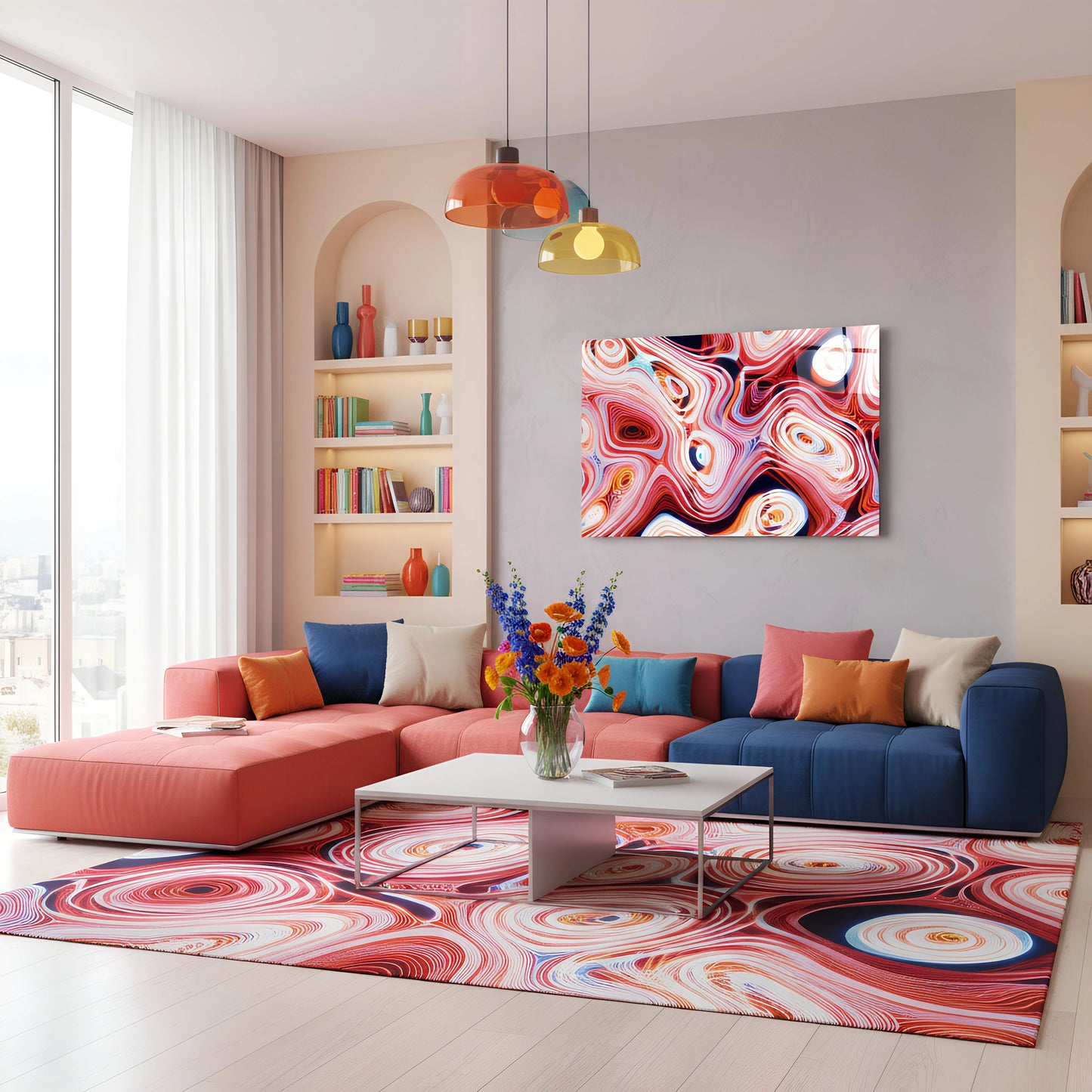 Colorful Red Pink Neon Swirl Wave Glass Wall Art