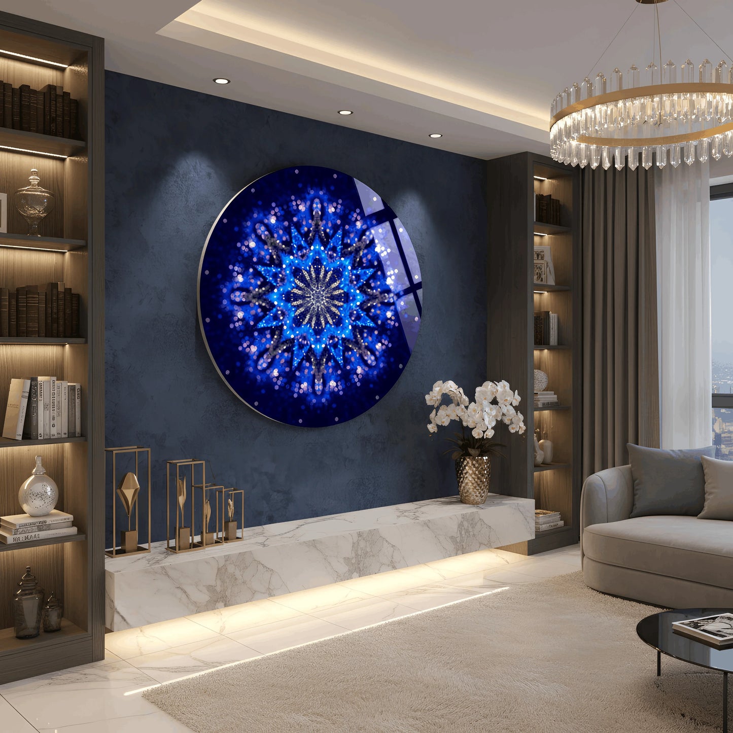 Blue Flower Mandala Glass Wall Art.