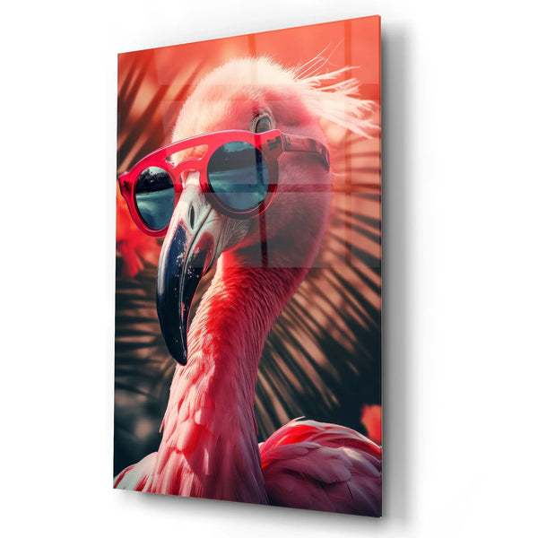Sunset Flamingo with Glasses Glass Wall Art.