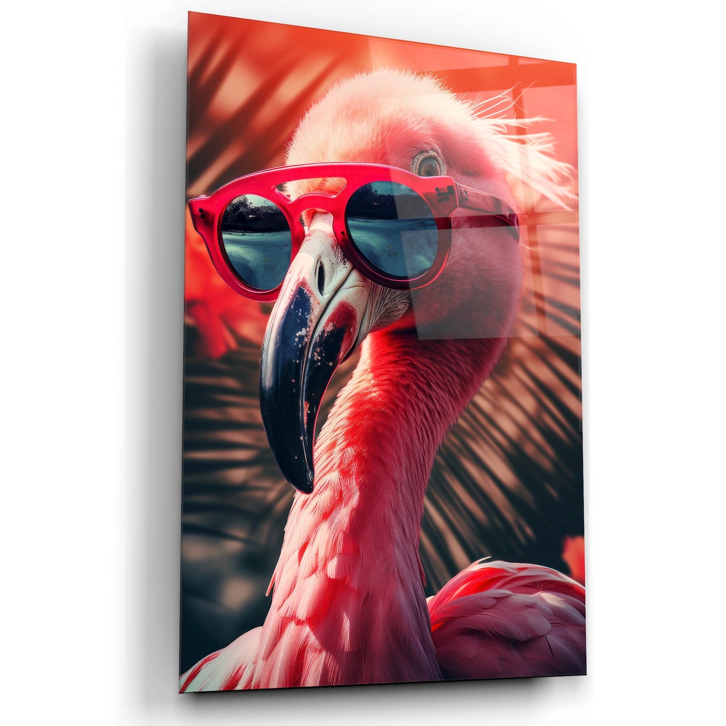 Sunset Flamingo with Glasses Glass Wall Art