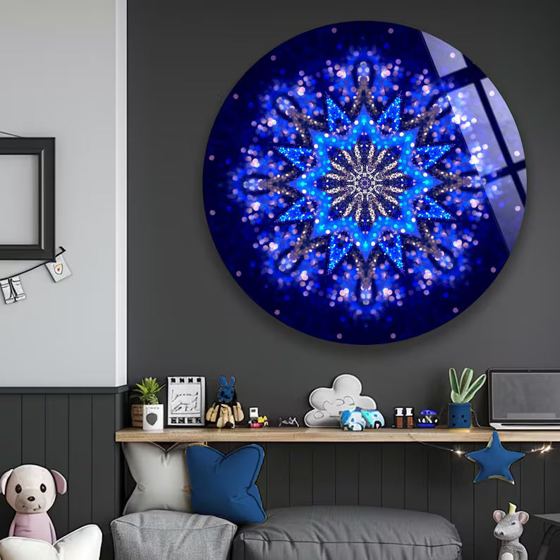 Blue Flower Mandala Glass Wall Art.
