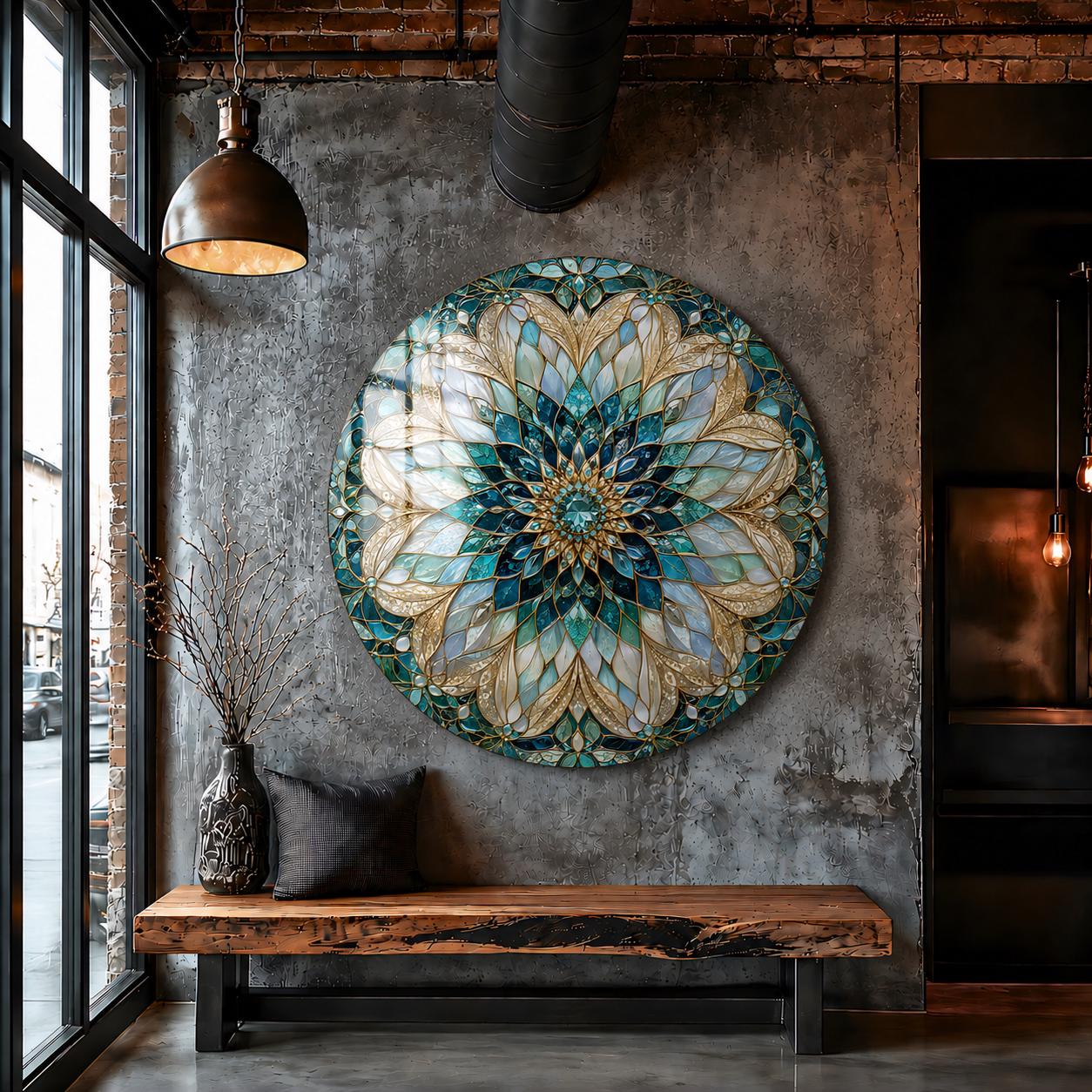 Gold and Blue Mandala Stained Glass Wall Art
