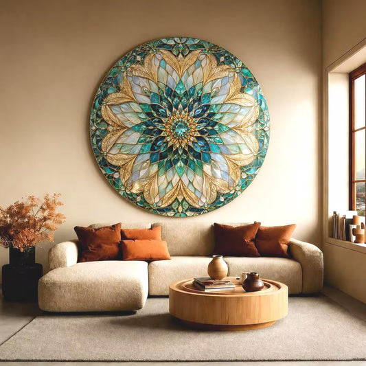 Gold and Blue Mandala Stained Glass Wall Art