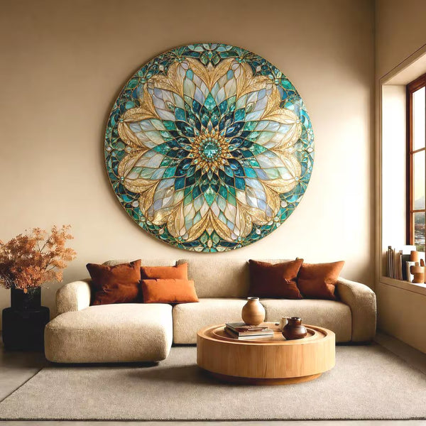Gold and Blue Mandala Stained Glass Wall Art