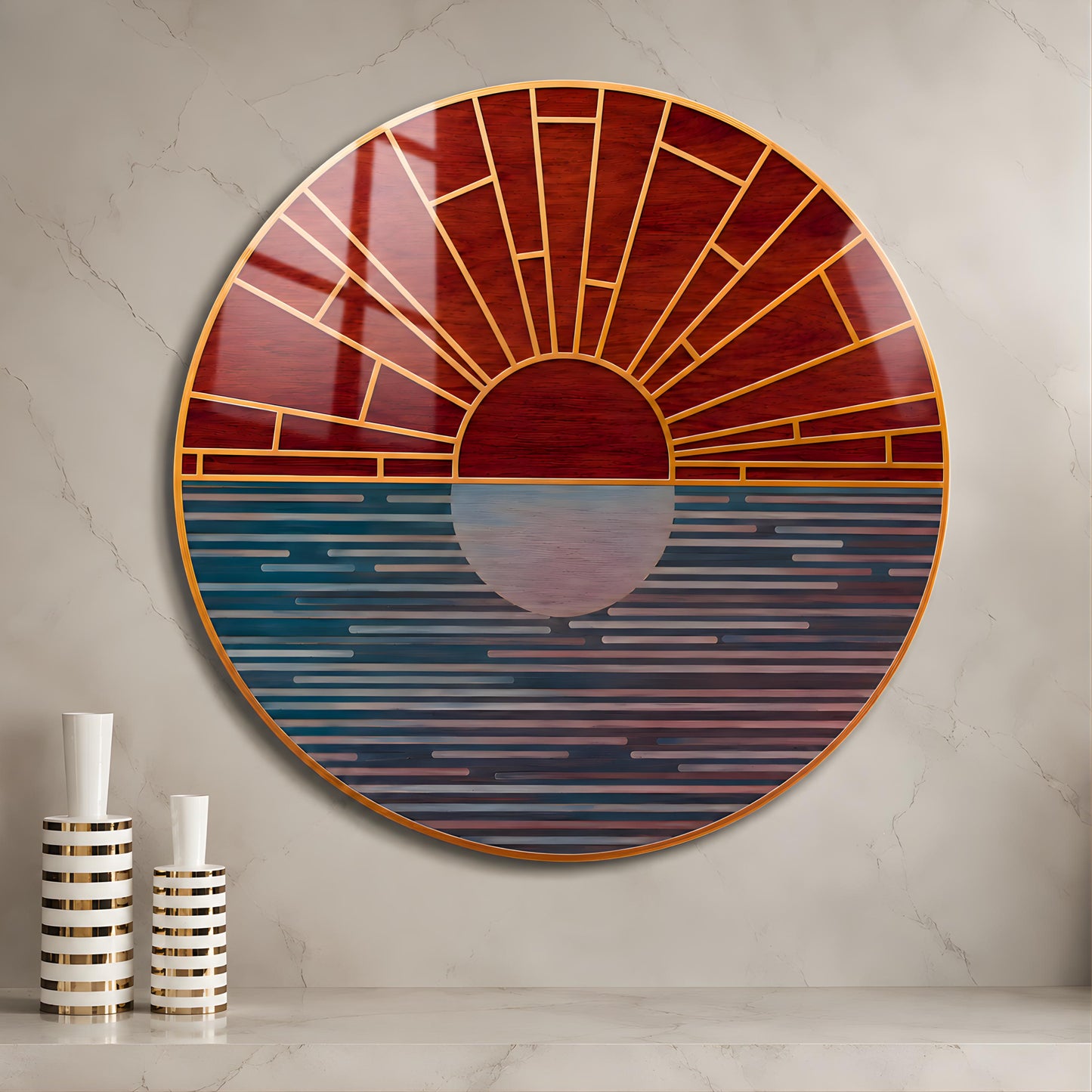 Geometric Mirrored Sunrise Ocean Glass Wall Art