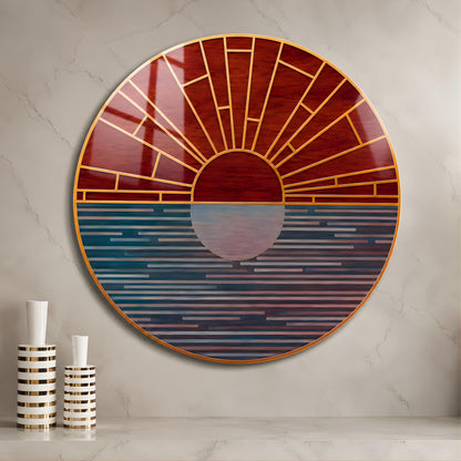 Geometric Mirrored Sunrise Ocean Glass Wall Art