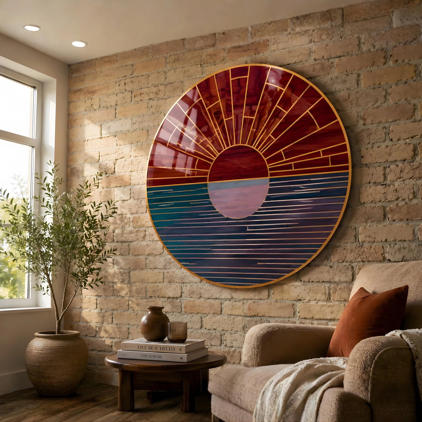 Geometric Mirrored Sunrise Ocean Glass Wall Art