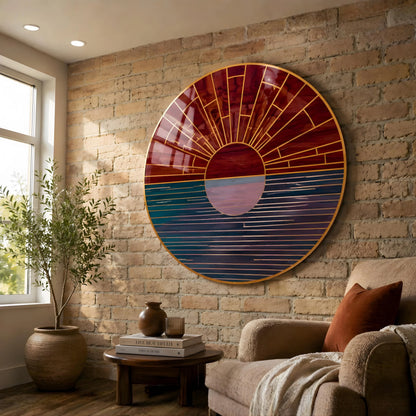 Geometric Mirrored Sunrise Ocean Glass Wall Art
