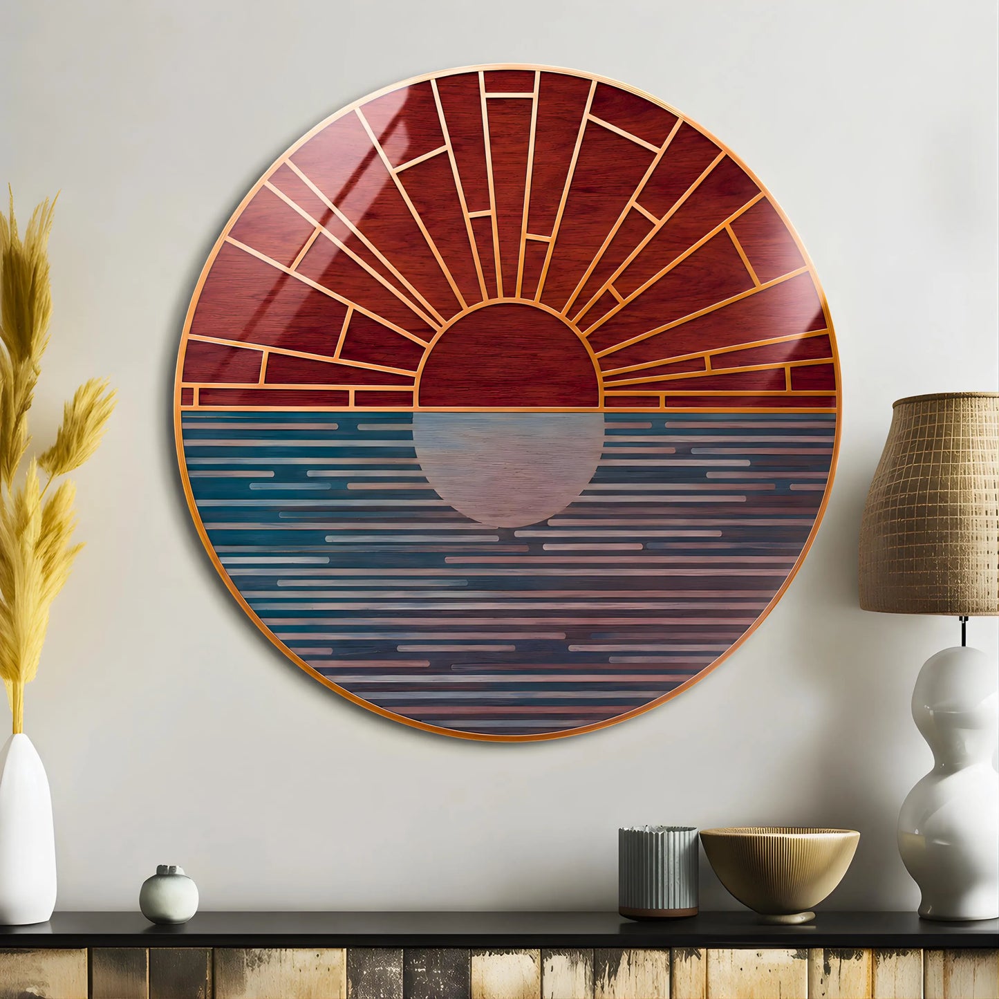 Geometric Mirrored Sunrise Ocean Glass Wall Art