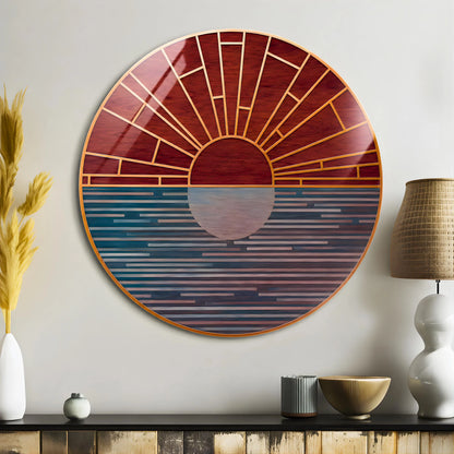 Geometric Mirrored Sunrise Ocean Glass Wall Art