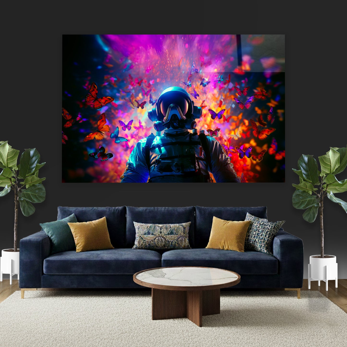 The Astronaut’s Dream Realm – Neon Butterflies & Cosmic Energy Glass Wall Art