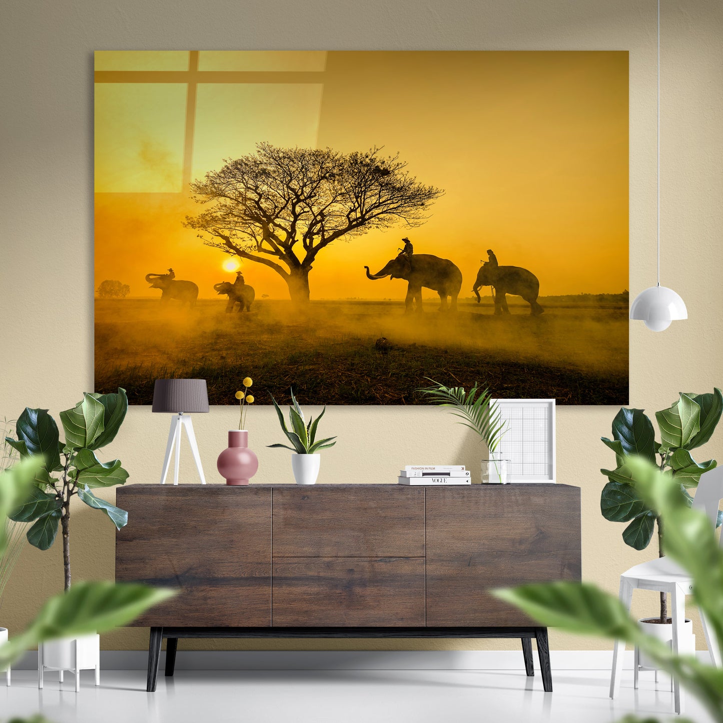 Elephant Caravan at Sunset Glass Art
