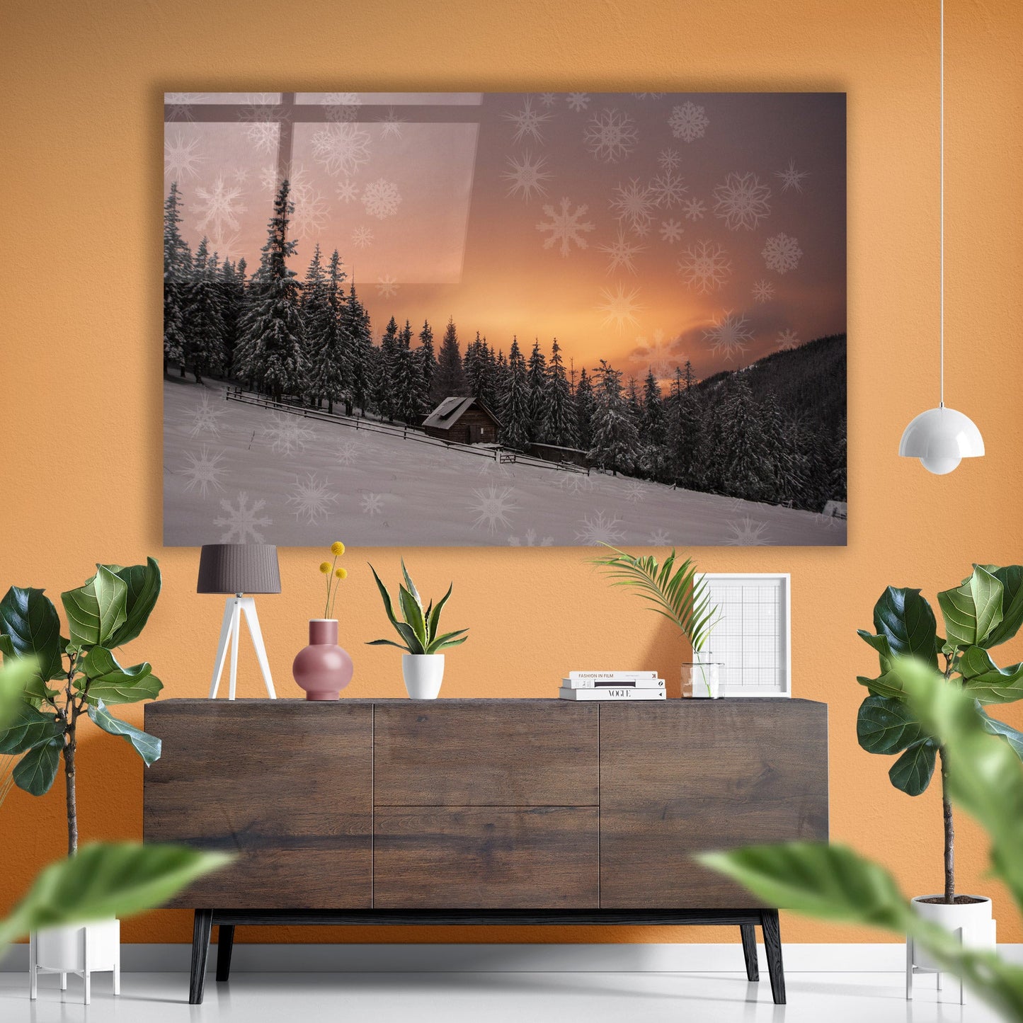 Holiday Golden Winter Sunset – Snow Cabin Wilderness Glass Art