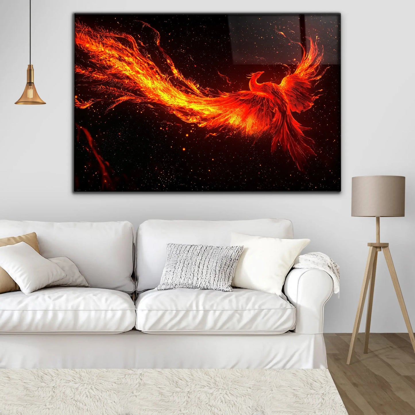 Phoenix Rising in Flames – Fiery Bird Glass Wall Art
