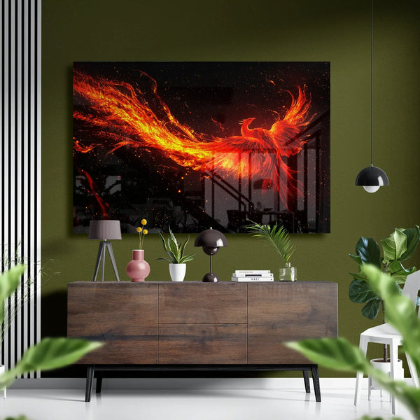 Phoenix Rising in Flames – Fiery Bird Glass Wall Art.