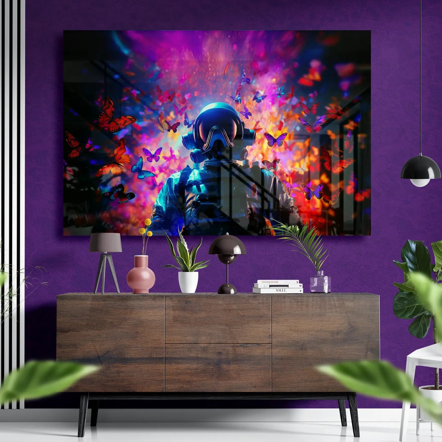 The Astronaut’s Dream Realm – Neon Butterflies & Cosmic Energy Glass Wall Art