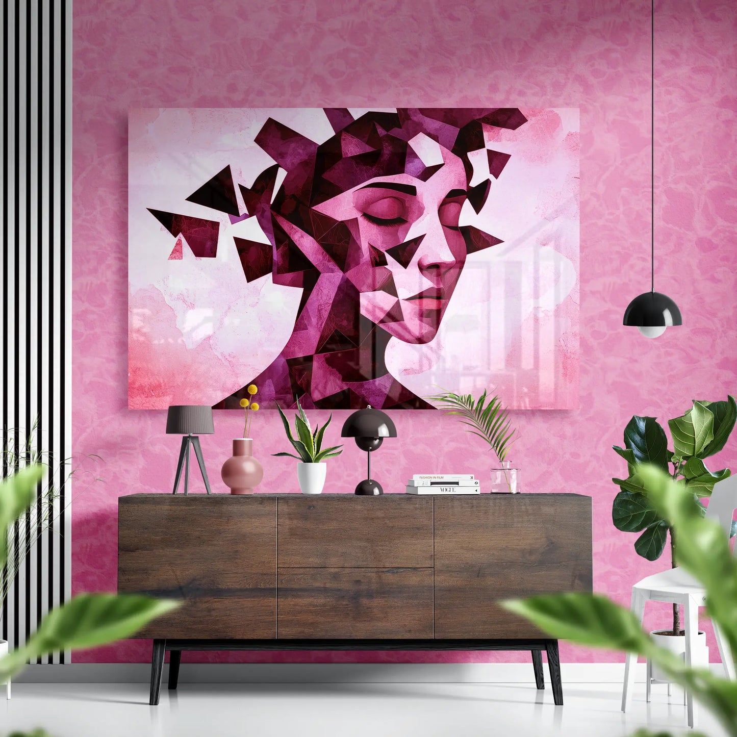 Shattered Serenity – Abstract Geometric Pink Woman Portrait Glass Wall Art