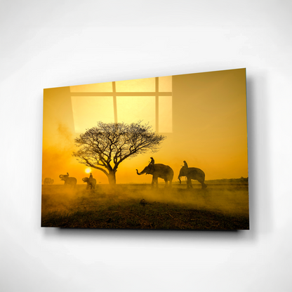 Elephant Caravan at Sunset Glass Art