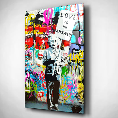 Einstein Love Is the Answer Banksy Style Glass Wall Art