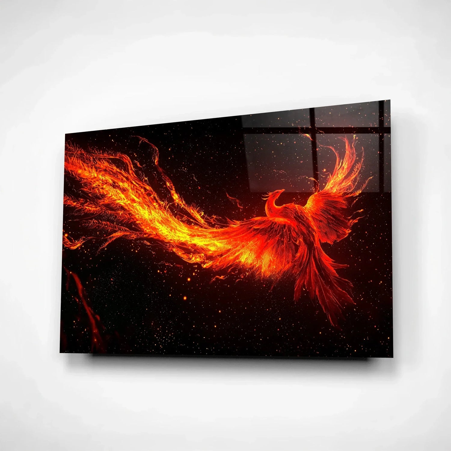 Phoenix Rising in Flames – Fiery Bird Glass Wall Art.