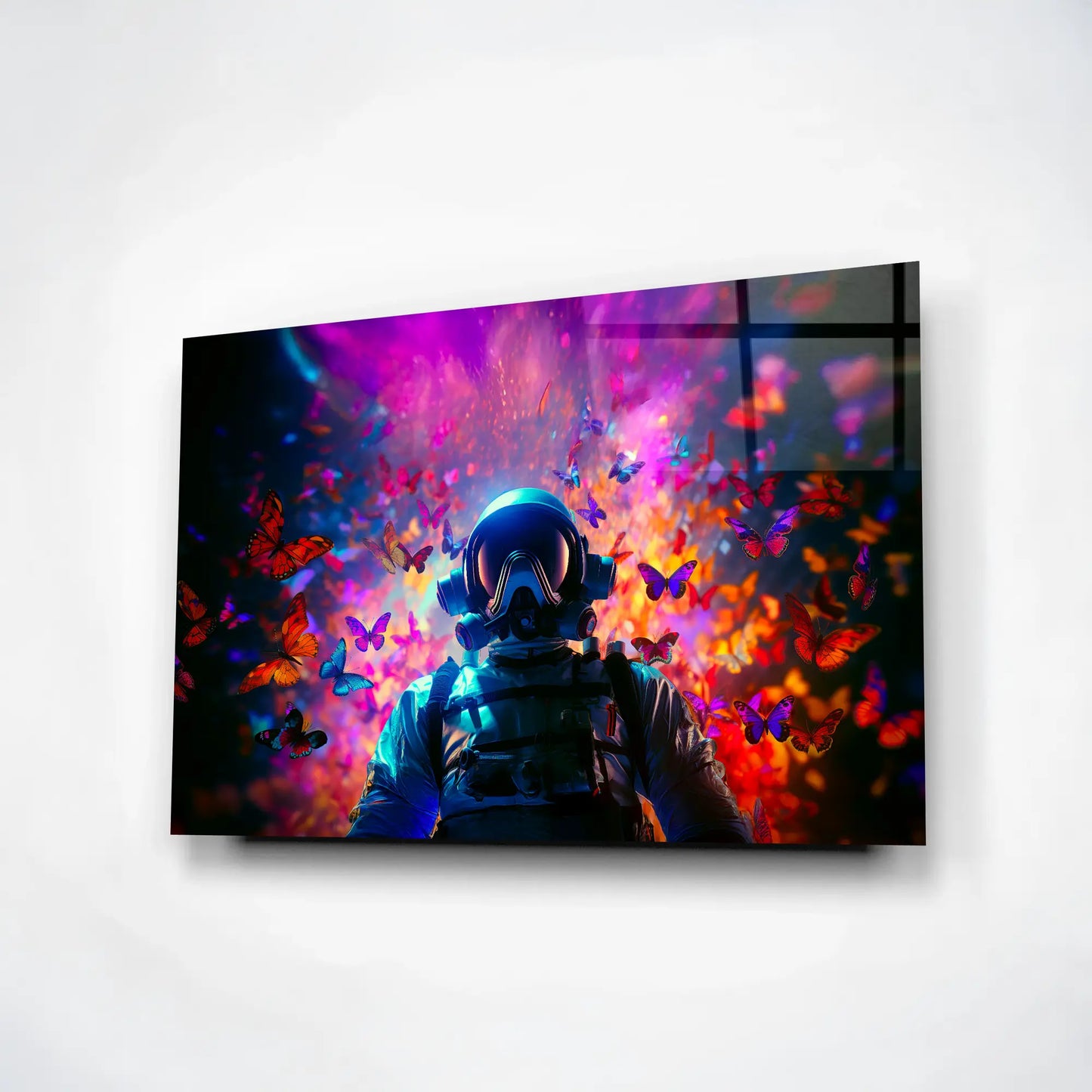 The Astronaut’s Dream Realm – Neon Butterflies & Cosmic Energy Glass Wall Art