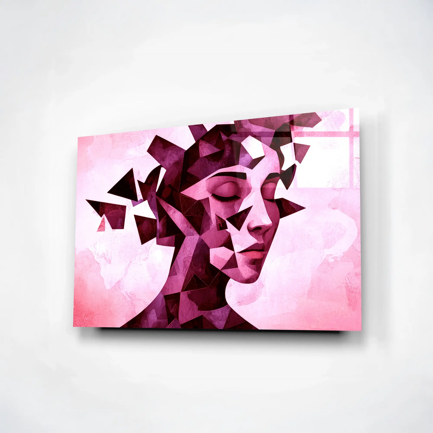 Shattered Serenity – Abstract Geometric Pink Woman Portrait Glass Wall Art
