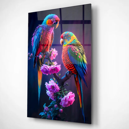 Rainbow Parrots on Floral Branch Glass Poster