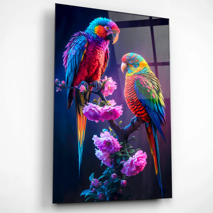 Rainbow Parrots on Floral Branch Glass Poster