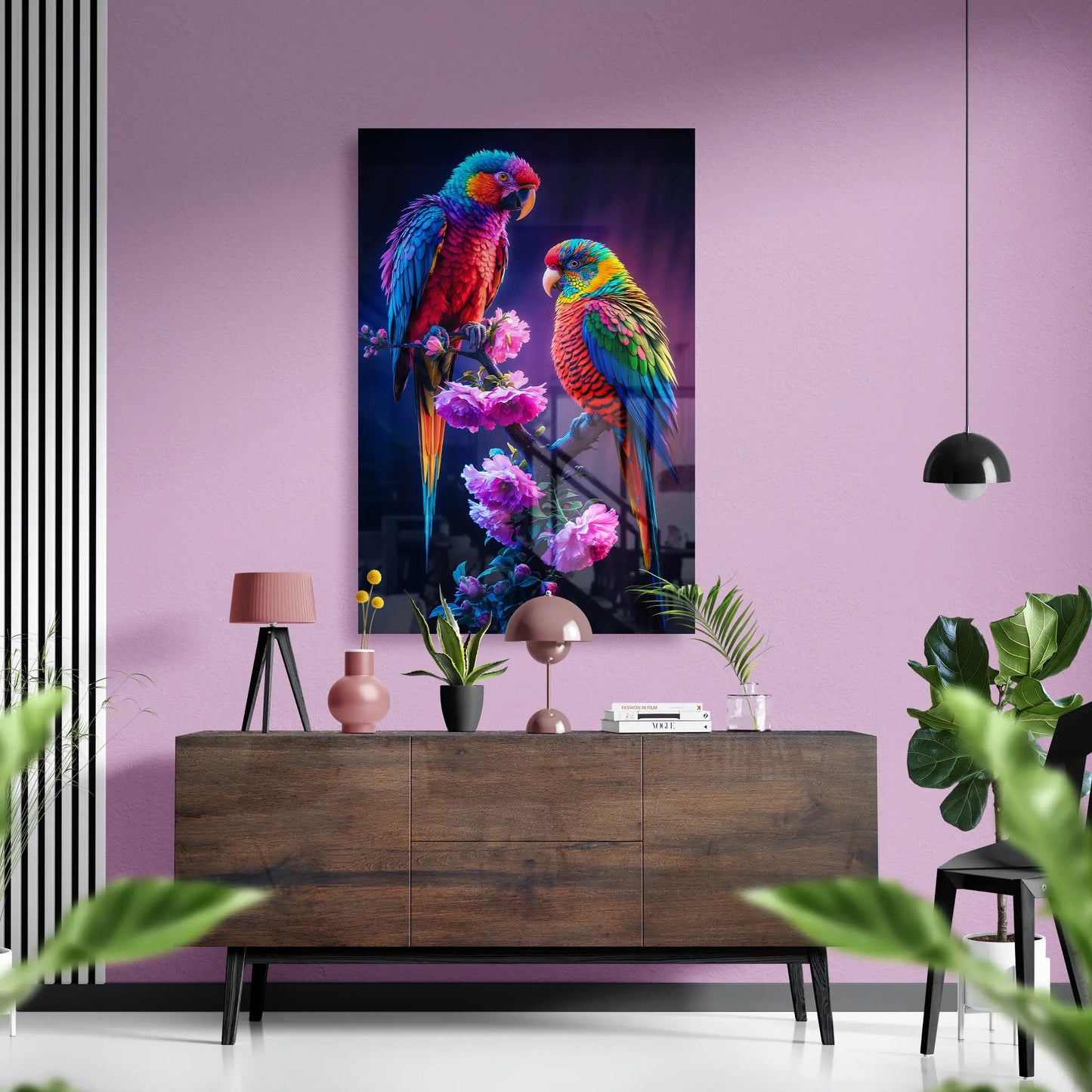 Rainbow Parrots on Floral Branch Glass Poster
