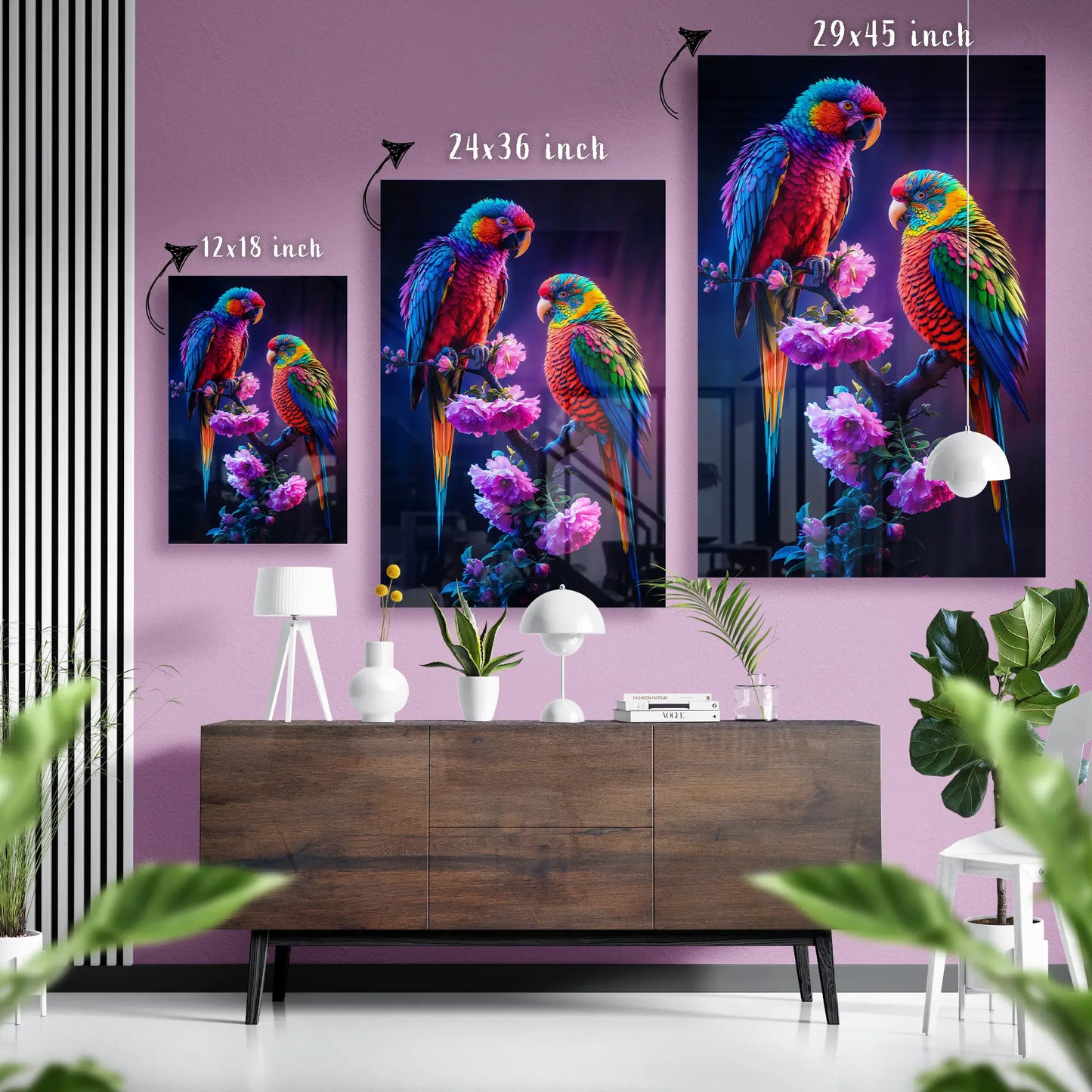 Rainbow Parrots on Floral Branch Glass Poster