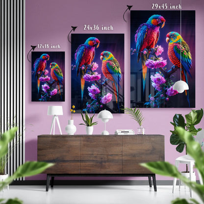 Rainbow Parrots on Floral Branch Glass Poster
