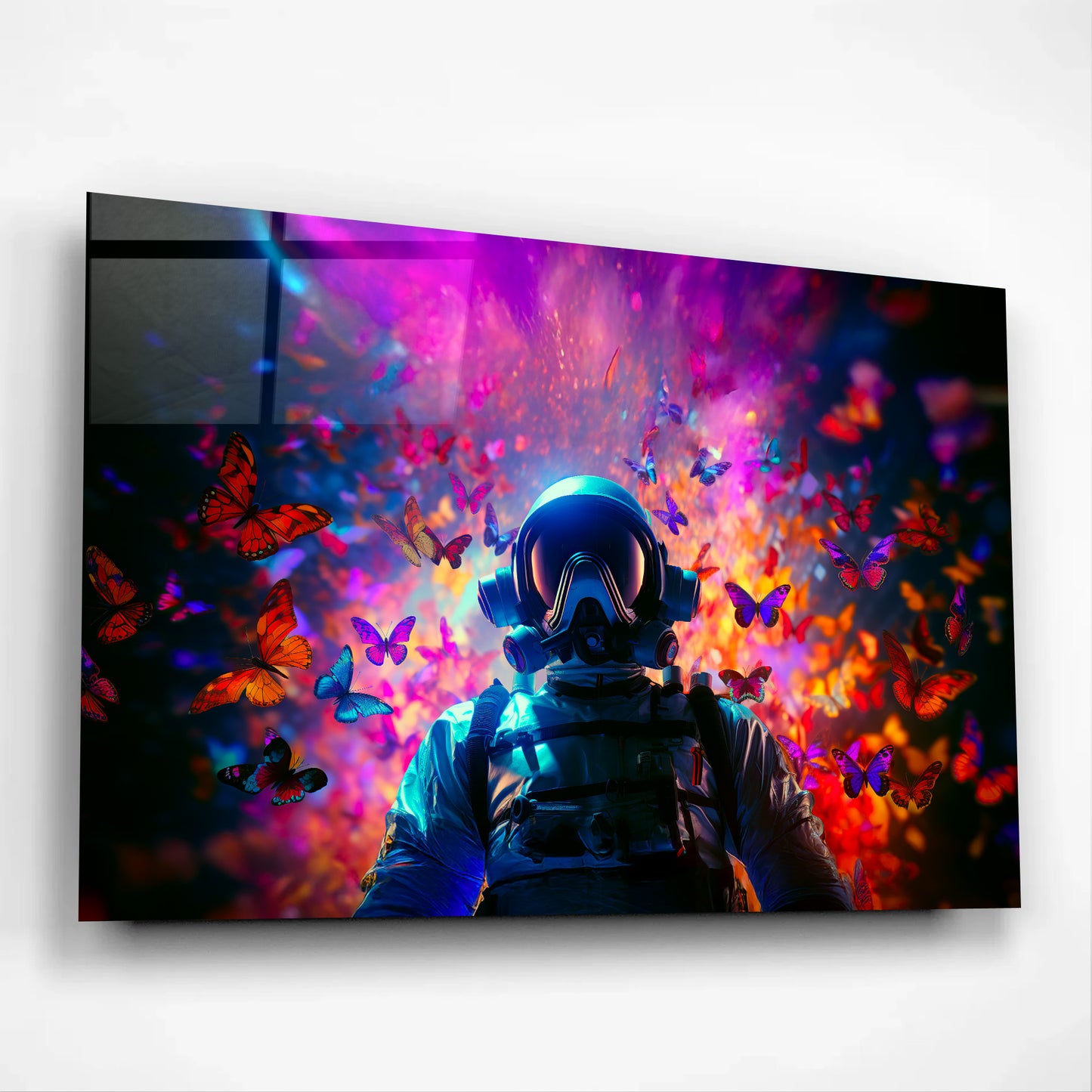 The Astronaut’s Dream Realm – Neon Butterflies & Cosmic Energy Glass Wall Art