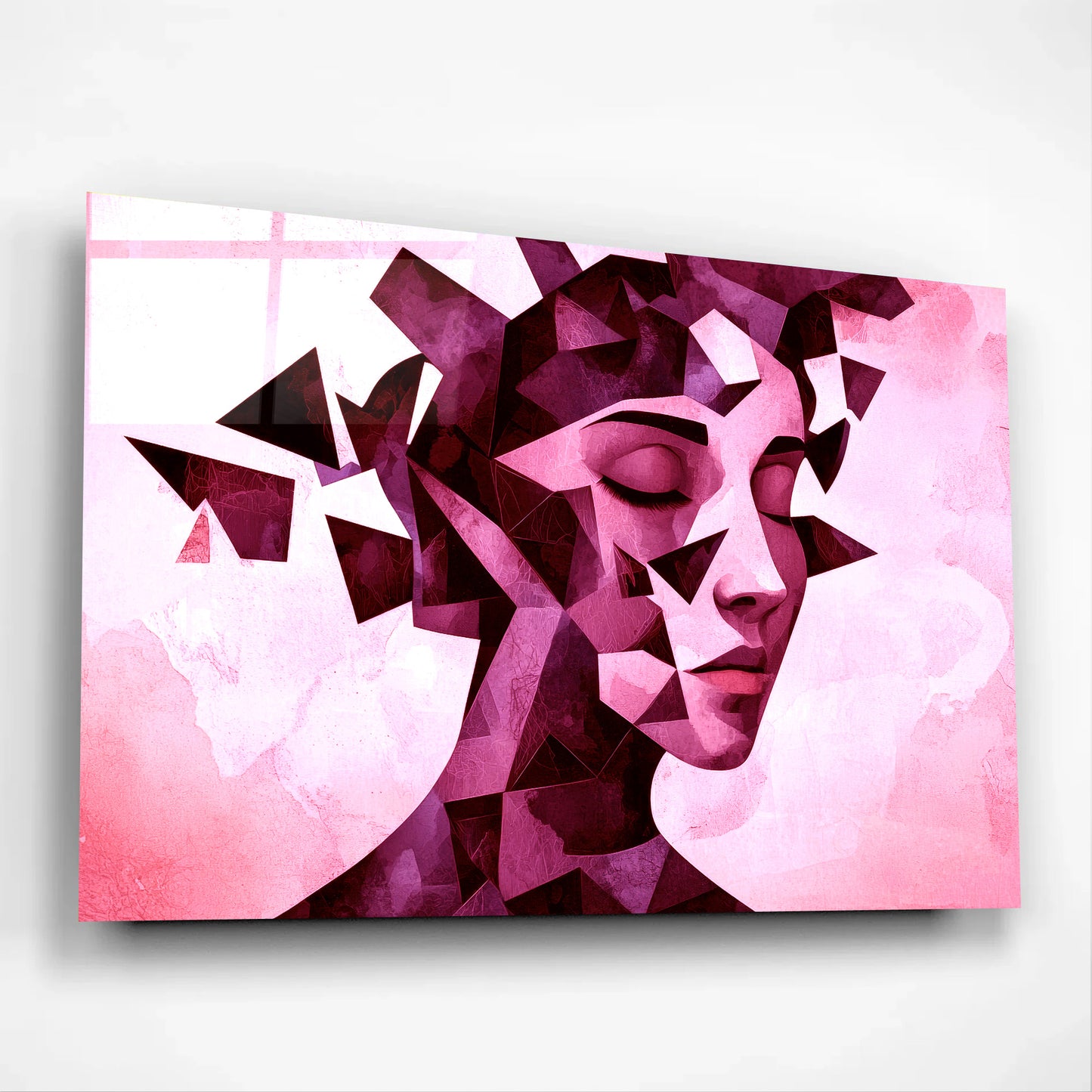Shattered Serenity – Abstract Geometric Pink Woman Portrait Glass Wall Art