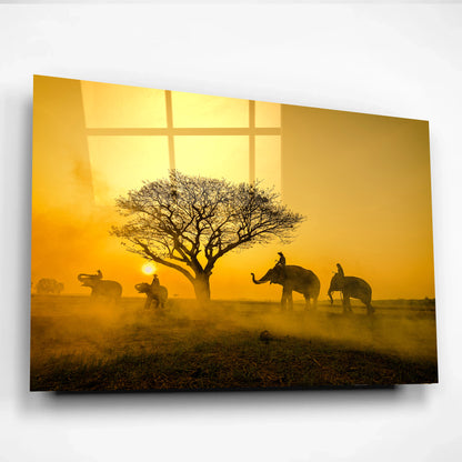 Elephant Caravan at Sunset Glass Art