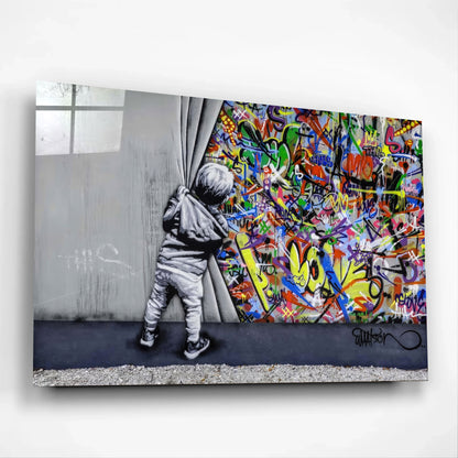 Banksy-Style Child Pulling Curtain Urban Glass Art