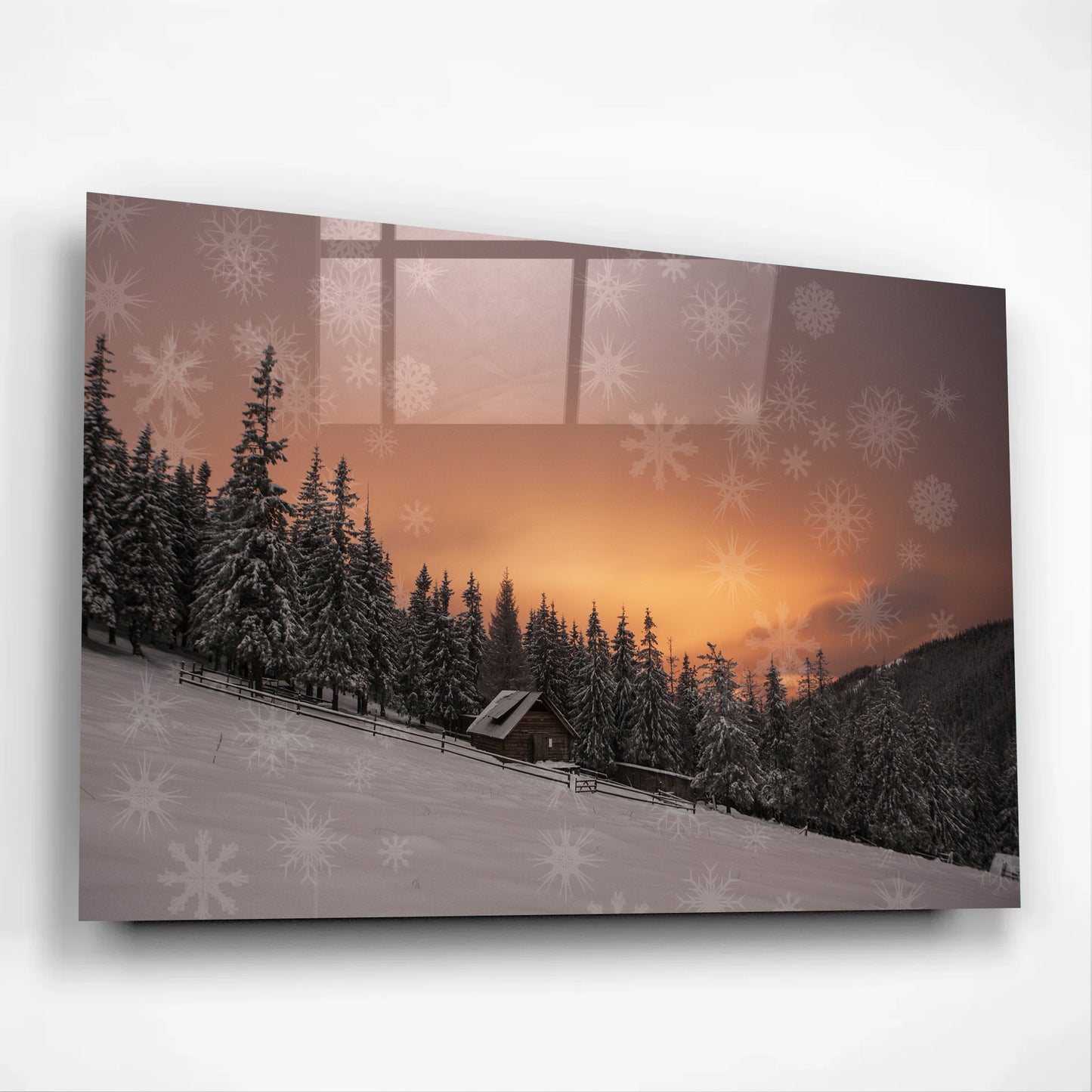 Holiday Golden Winter Sunset – Snow Cabin Wilderness Glass Art