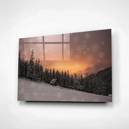 Holiday Golden Winter Sunset – Snow Cabin Wilderness Glass Art