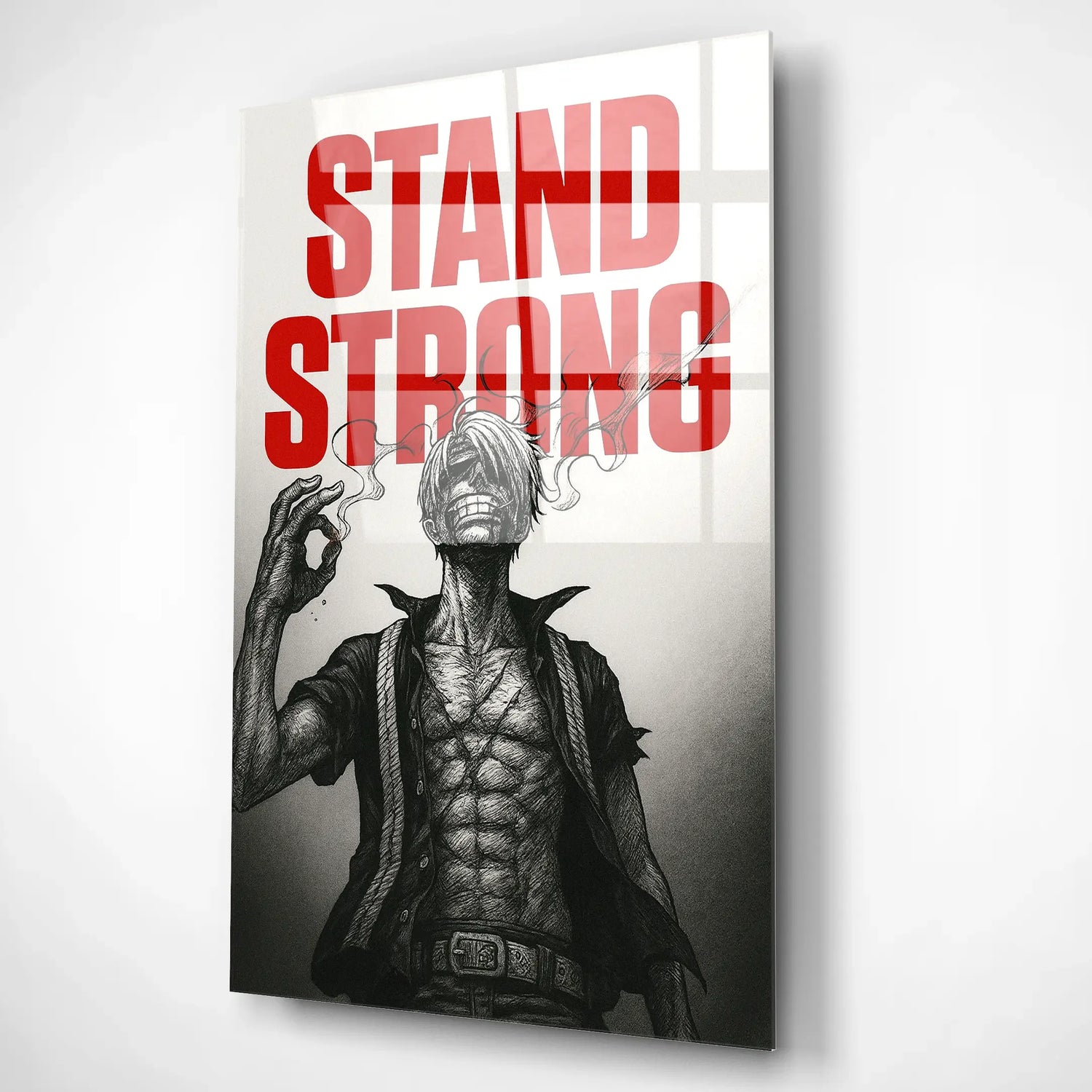Anime-style muscular man illustration with smoke and bold red 'Stand Strong' text, glass wall art