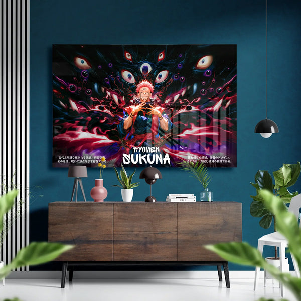 Ryomen Sukuna Cursed Energy Anime Glass Poster | Anime Glass Wall Art.