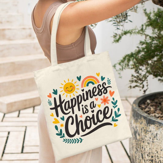 Canvas tote bag with a cheerful design and the quote 'Happiness is a Choice' in bold letters