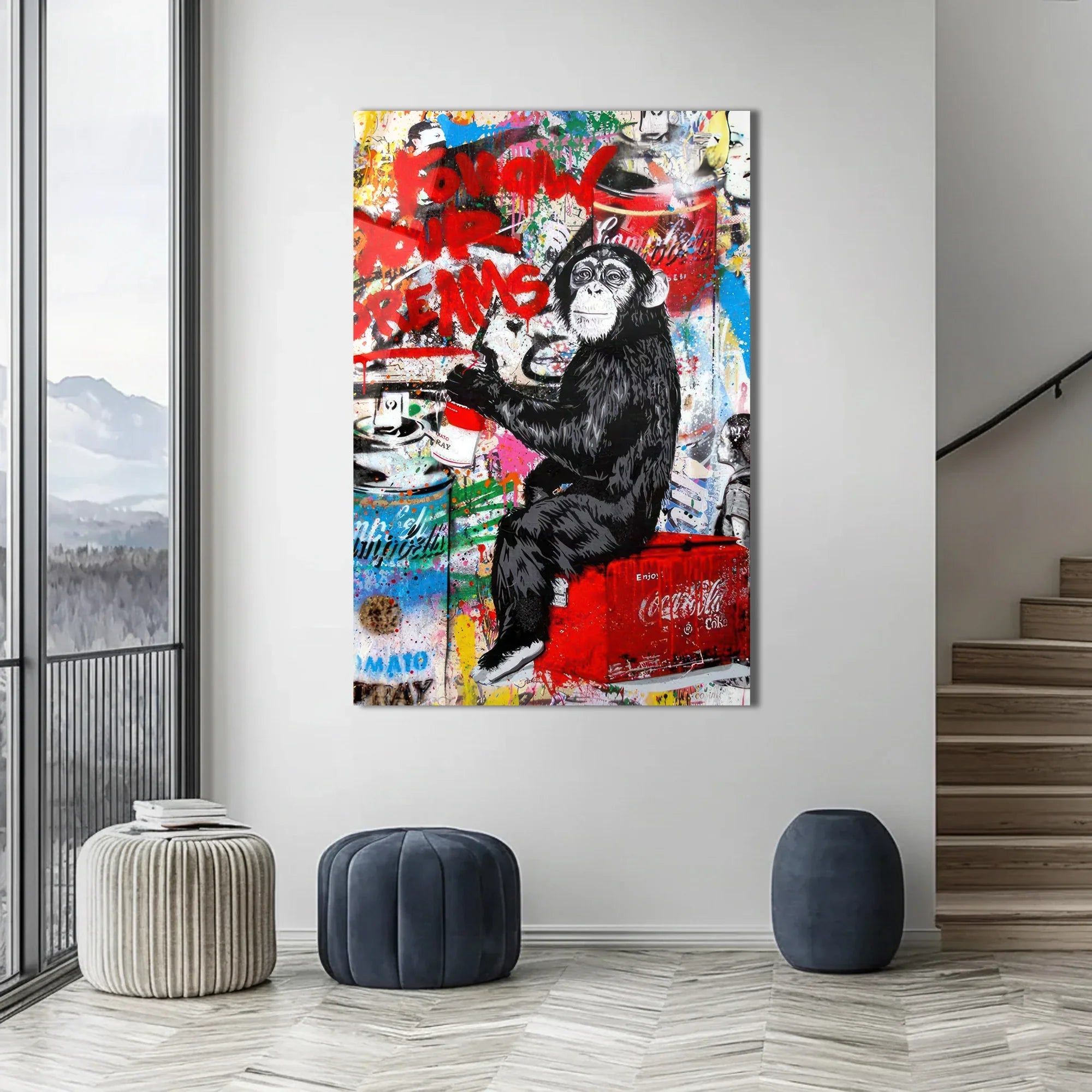 Banksy Inspired Chimp Graffiti Glass Poster for Wall | Minteefy