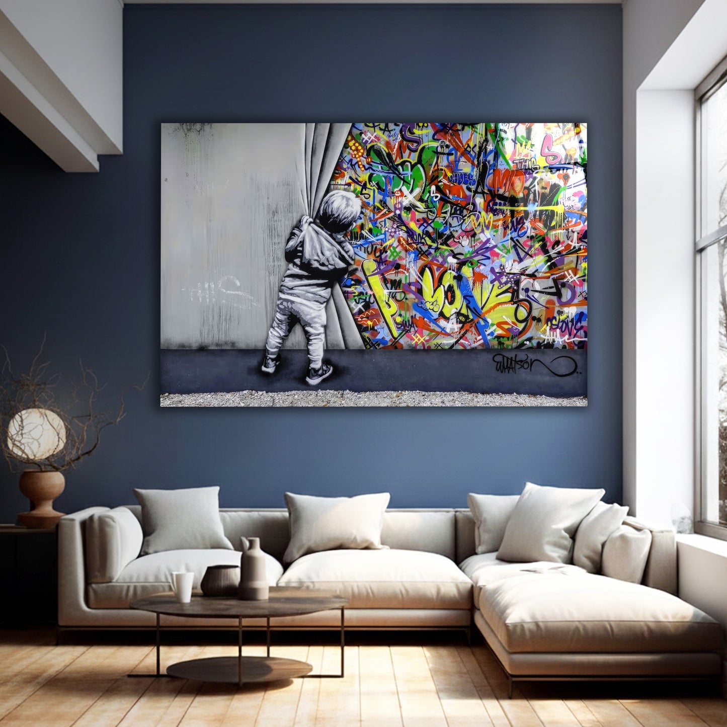 Banksy-Style Child Pulling Curtain Urban Glass Art