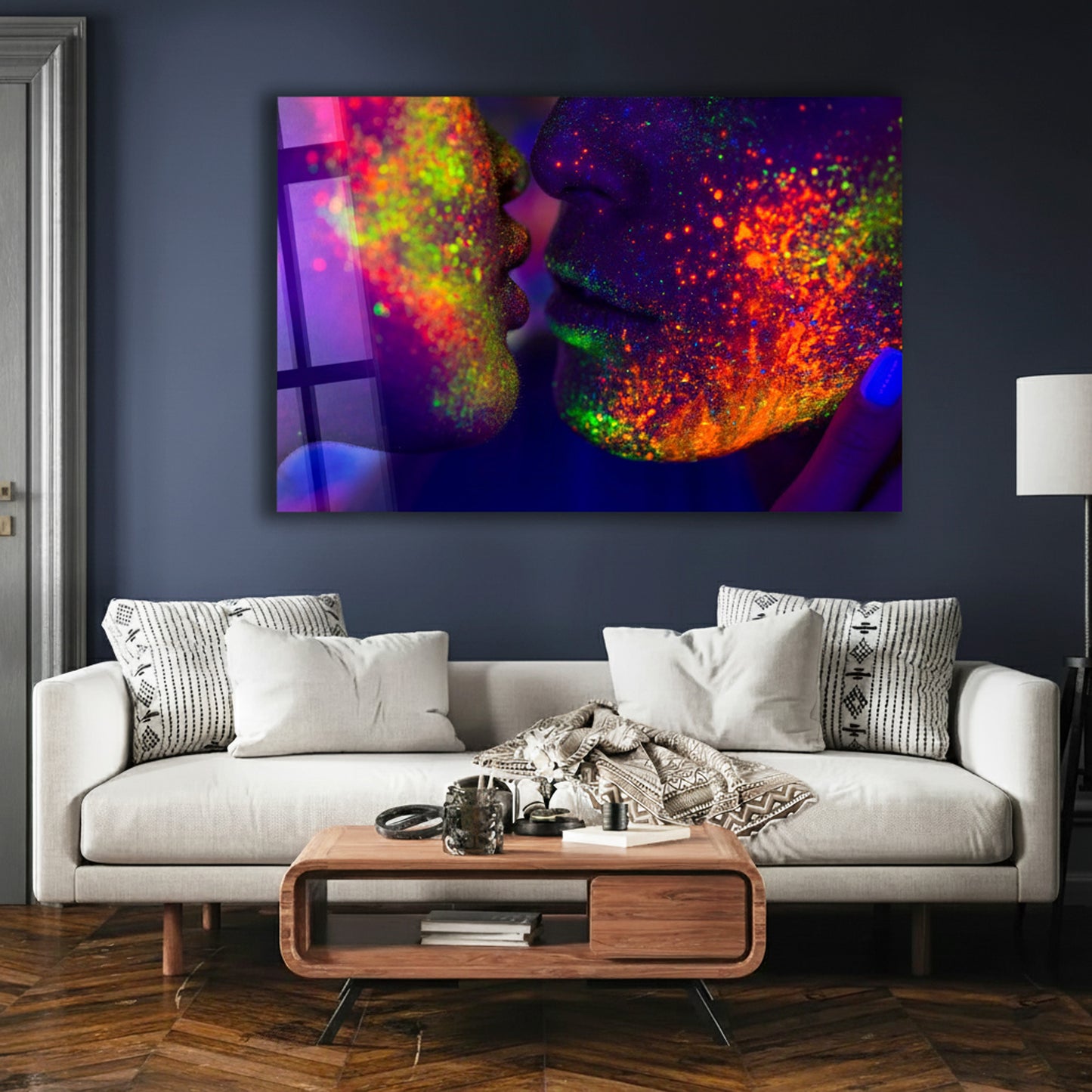 Abstract Neon Couple Kiss Glass Wall Art