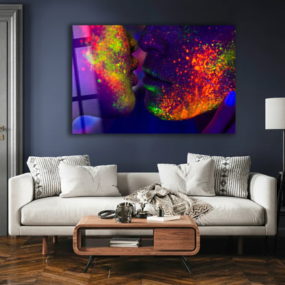 Abstract Neon Couple Kiss Glass Wall Art